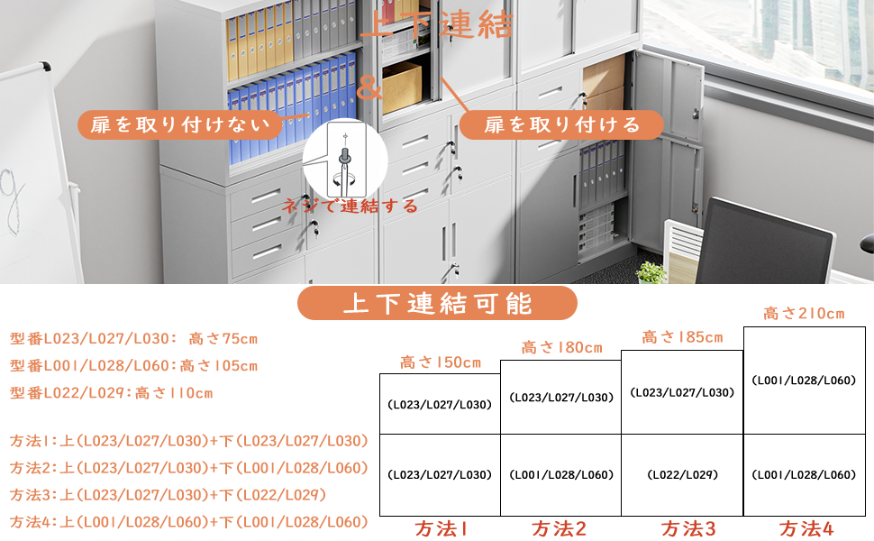 dewel スチール書庫 幅900×奥行400×高さ1090mm 両開き 3段引き出し付き 鍵付き オフィス収納