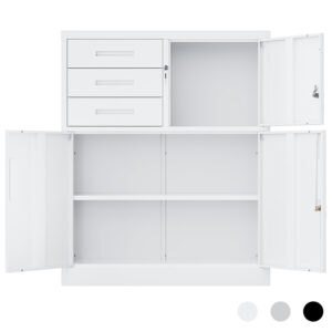 cyfie スチール書庫 幅900×奥行400×高さ1090mm 両開き 3段引き出し付き 鍵付き オフィス収納