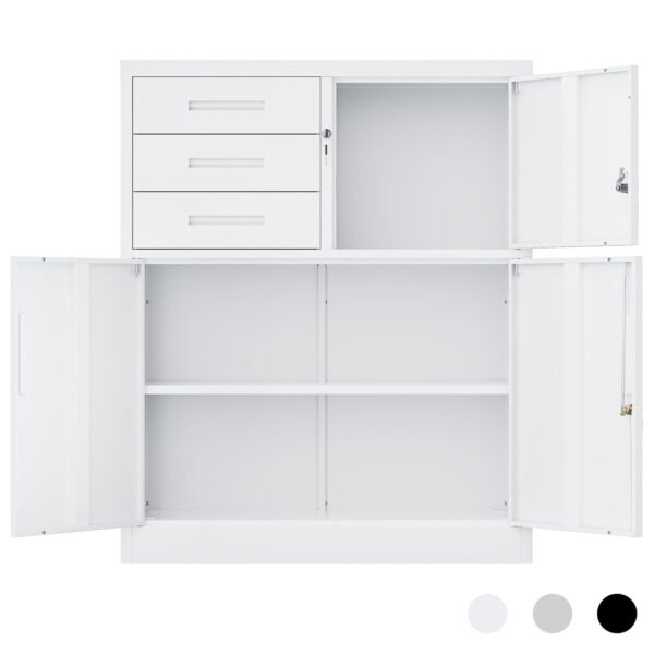 cyfie スチール書庫 幅900×奥行400×高さ1090mm 両開き 3段引き出し付き 鍵付き オフィス収納