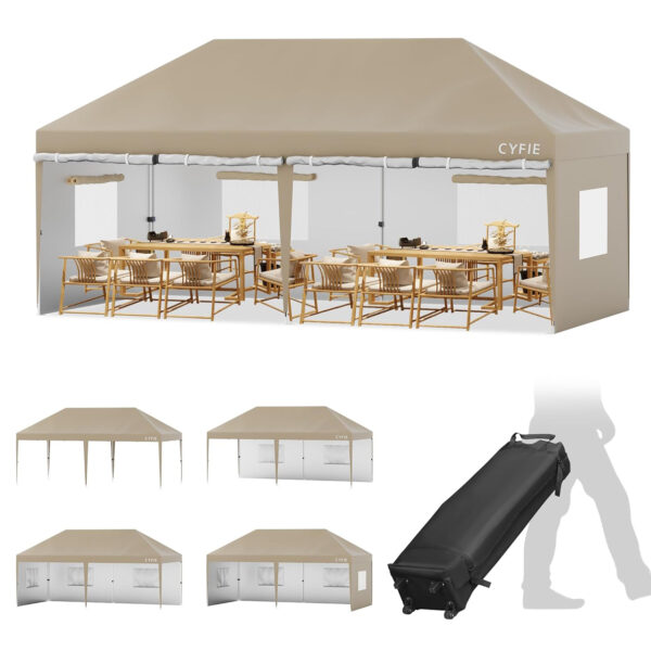 cyfie ワンタッチタープテント 3m×6m サイドシート6枚付 キャスター収納ケース付 高さ3段階調節