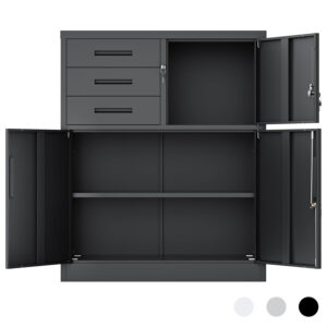 cyfie スチール書庫 幅900×奥行400×高さ1090mm 両開き 3段引き出し付き 鍵付き オフィス収納