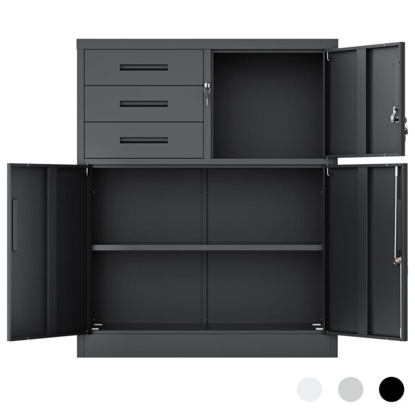 cyfie スチール書庫 幅900×奥行400×高さ1090mm 両開き 3段引き出し付き 鍵付き オフィス収納