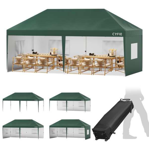 cyfie ワンタッチタープテント 3m×6m サイドシート6枚付 キャスター収納ケース付 高さ3段階調節