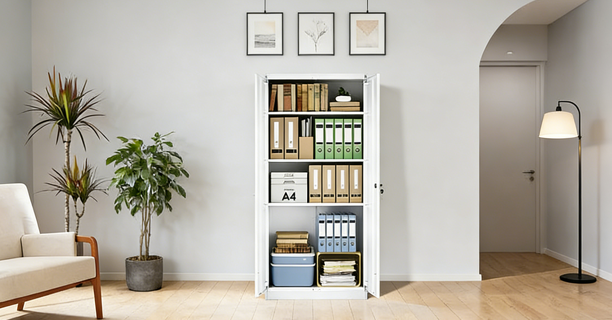 スチール両開きキャビネット 80×40×182 鍵付き｜大容量収納