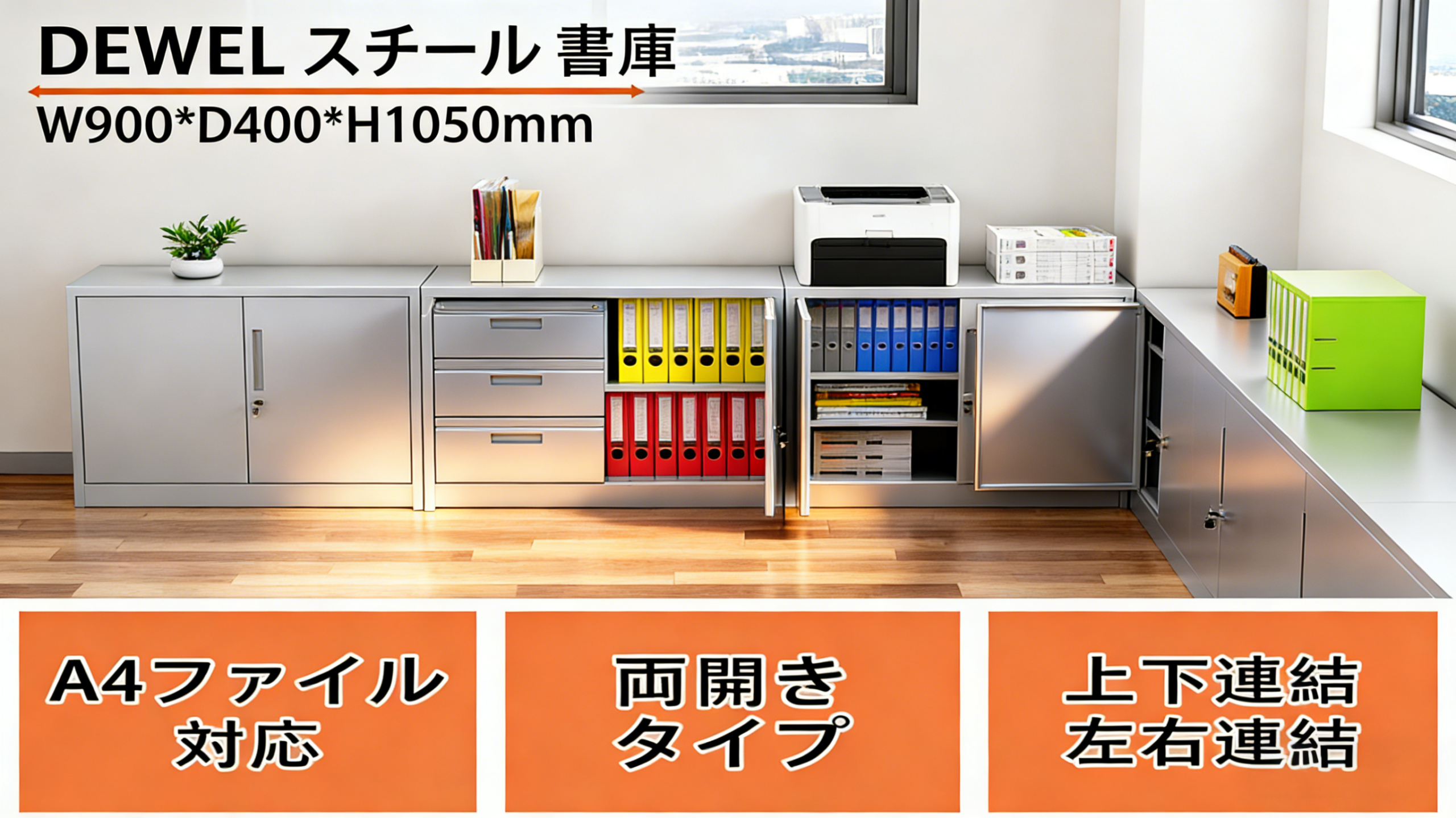 施錠付き スチール キャビネット｜CYFIE 両開き収納棚 90×40×105