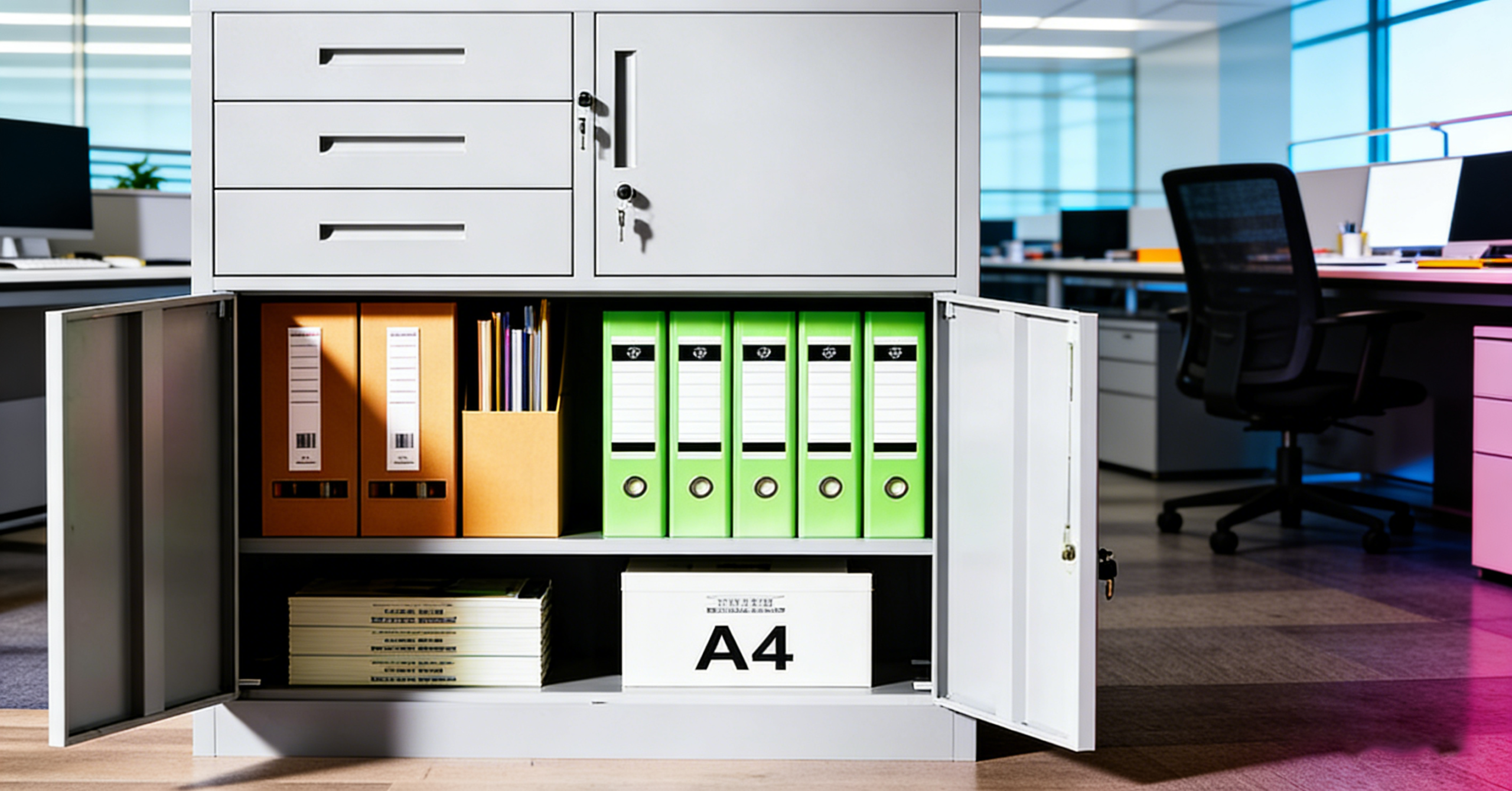 スチールキャビネット 両開き 引き出し付き CYFIE