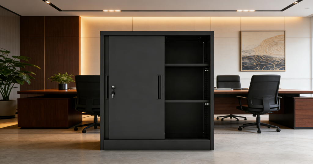 鍵付きスチール引き違いキャビネット 90×40×105｜省スペース収納に最適