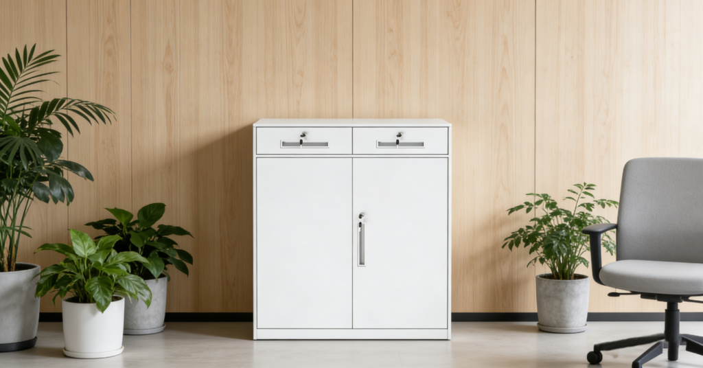 鍵付きスチールキャビネット 90×40×109 引き出し付き 可動棚｜高耐久収納家具