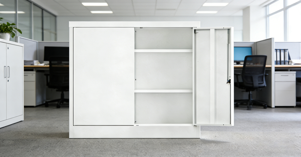 鍵付きスチール両開きキャビネット 90×40×75｜省スペース収納