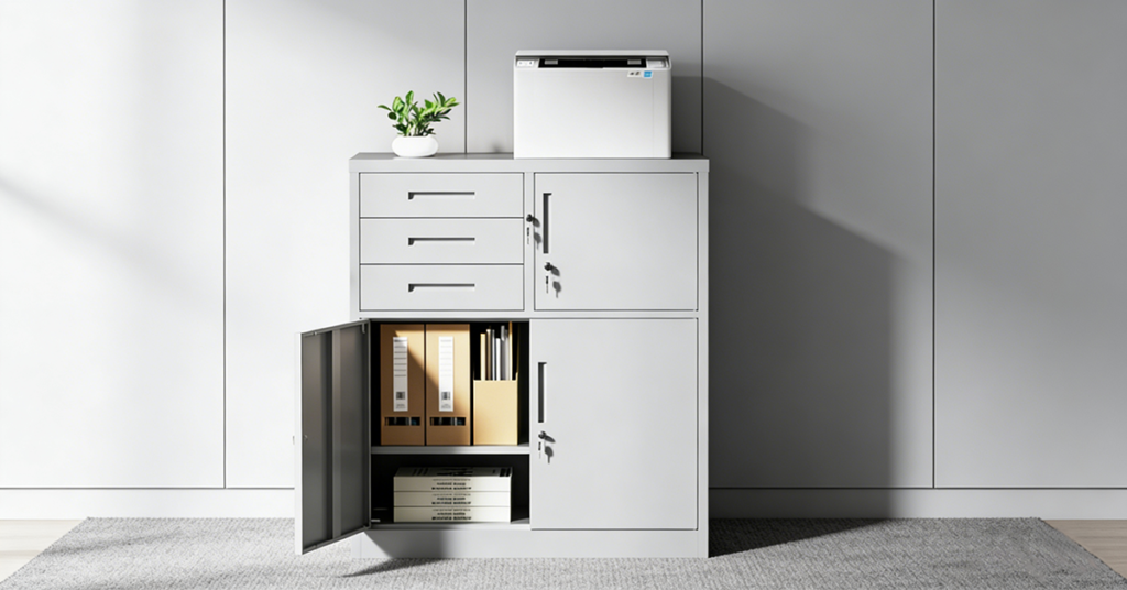 スチール両開きキャビネット 900×400×1090 引き出し付き｜CYFIEオフィス収納家具