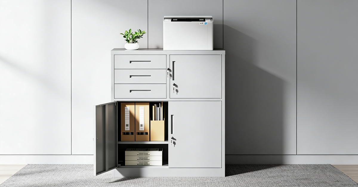 スチール両開きキャビネット 900×400×1090 引き出し付き｜CYFIEオフィス収納家具