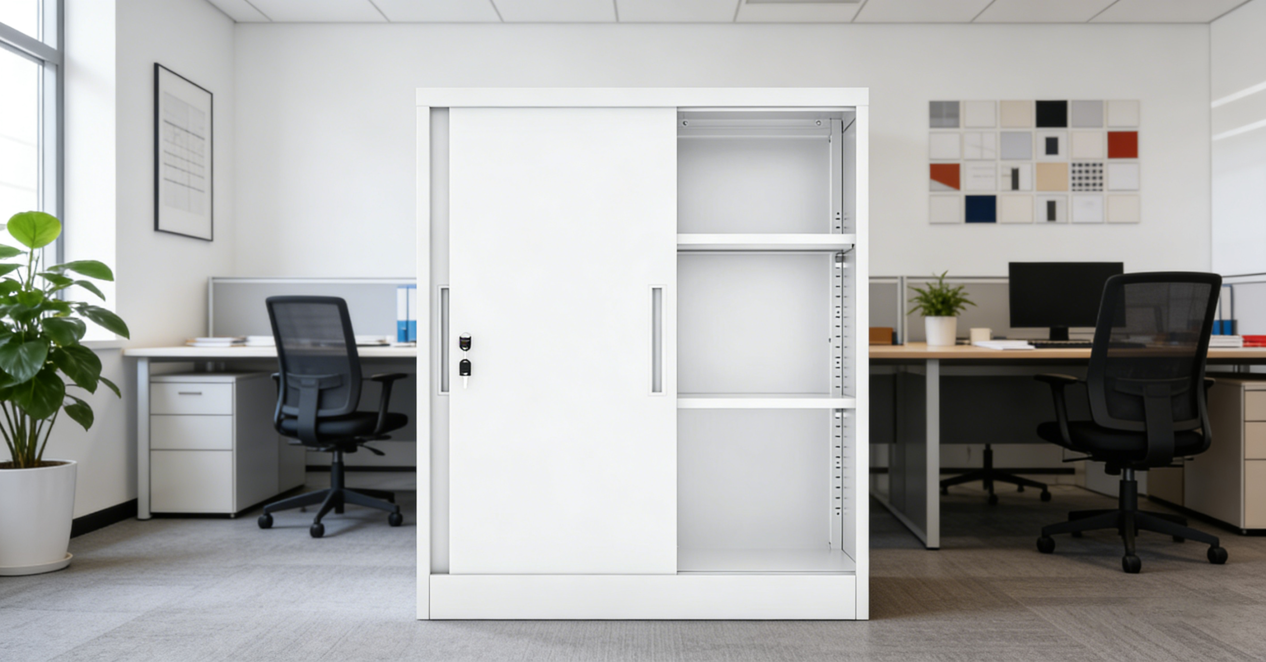 鍵付きスチール引き戸キャビネット 90×40×105