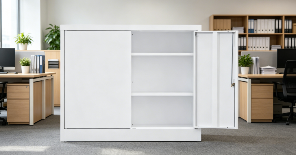 鍵付きスチール両開きキャビネット 90×40×75｜省スペースで安全収納できる業務用キャビネット