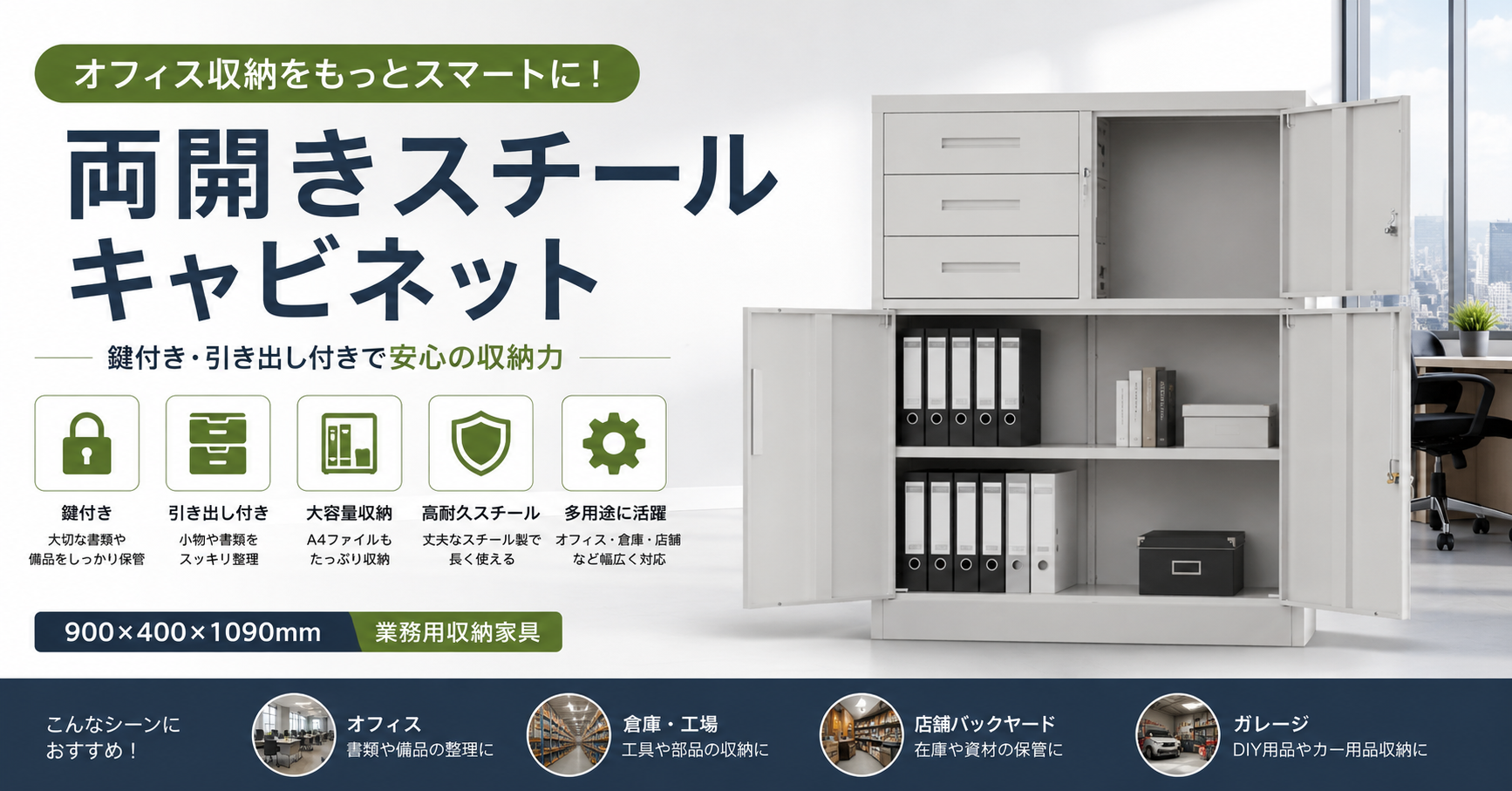 両開きスチールキャビネット｜鍵付き収納家具 - Cyfie