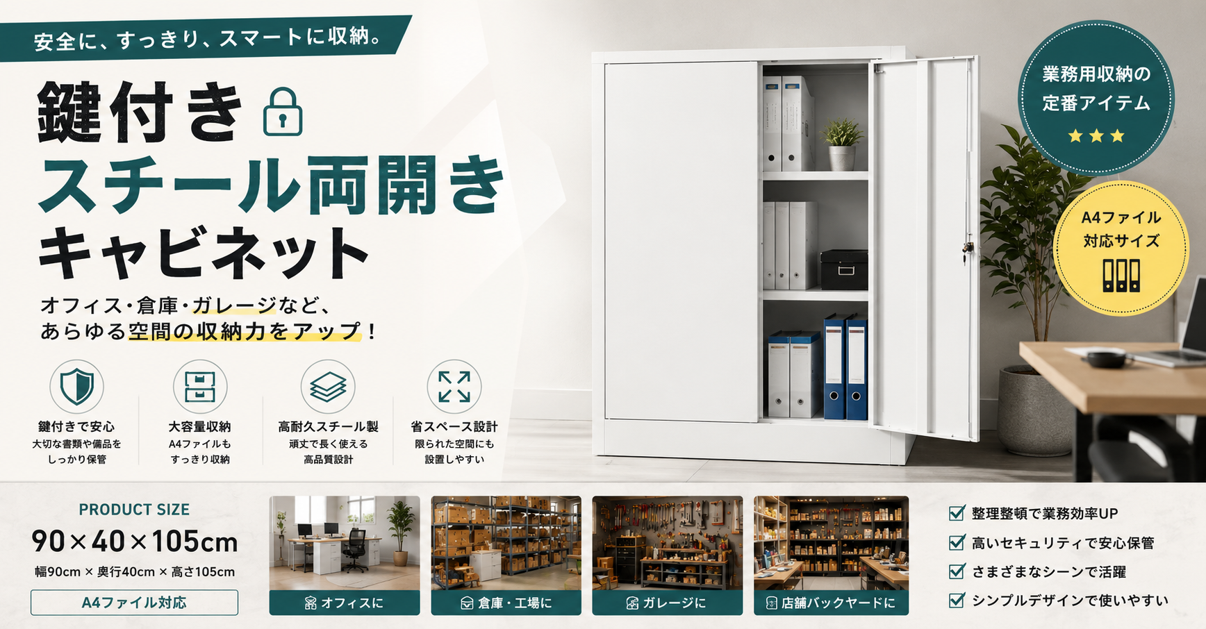 鍵付きスチール両開きキャビネット｜省スペース業務用収納家具 - Cyfie