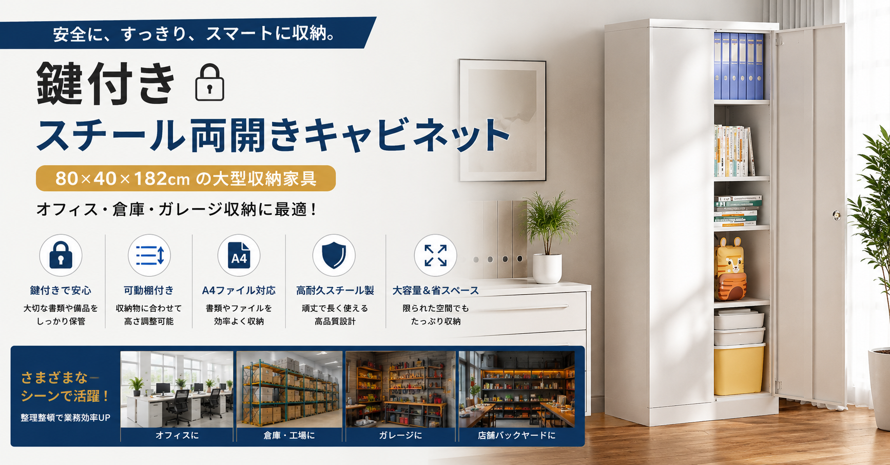 鍵付きスチール両開きキャビネット｜80×40×182の大型収納家具 - Cyfie